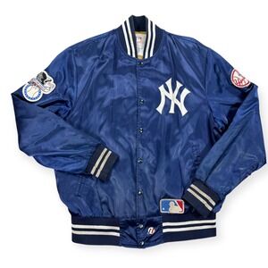 Vintage New York Yankees Jacket Size XL Blue 80s Satin Bomber MLB Baseball Shain